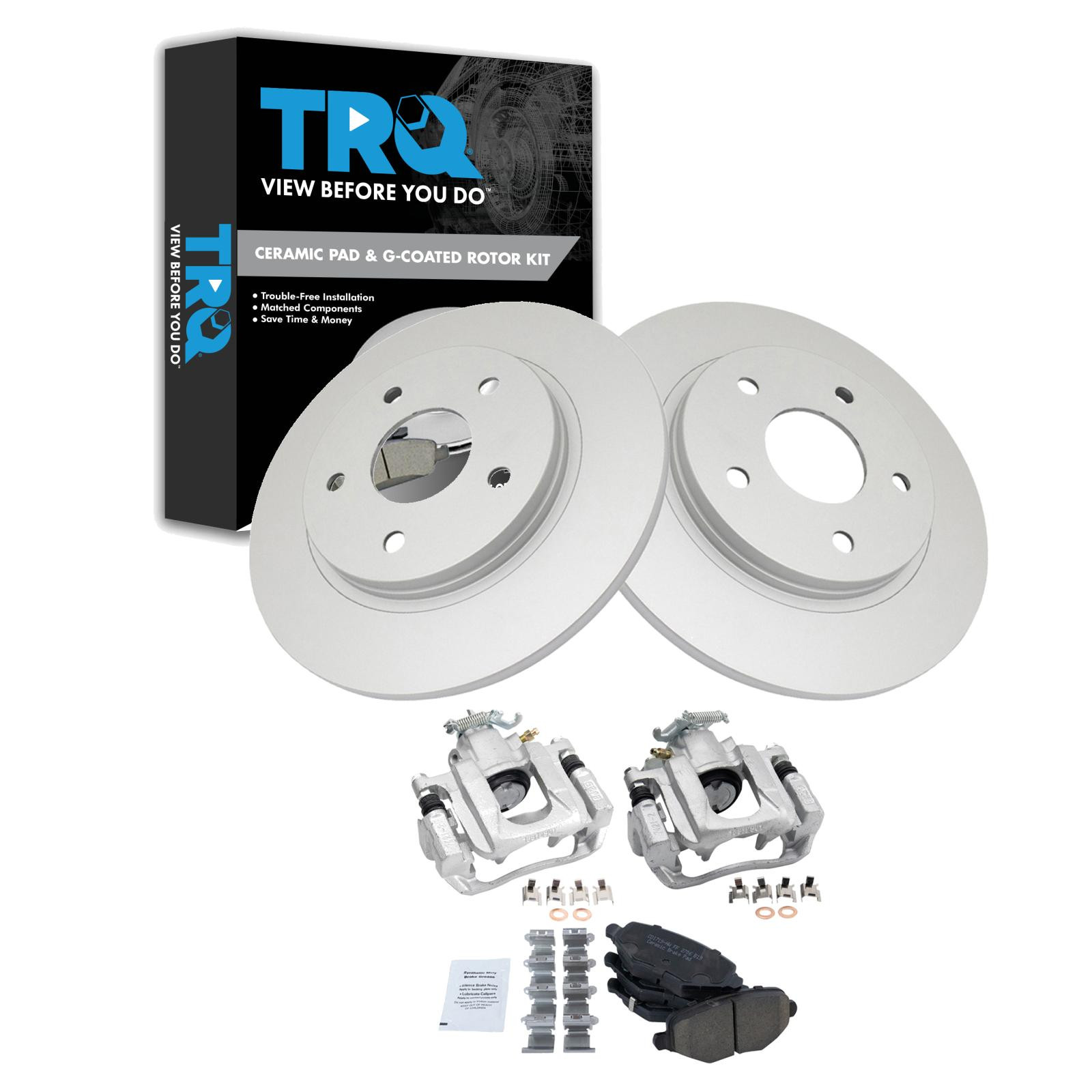 TRQ Rear Brake Pad and Rotor Kit Caliper Ceramic Solid G-Coated Compatible with 2012-2016 Chrysler Town & Country 2012-2016 Grand Caravan 2012-2015 Ram C/V 2013-2014 Volkswagen Routan