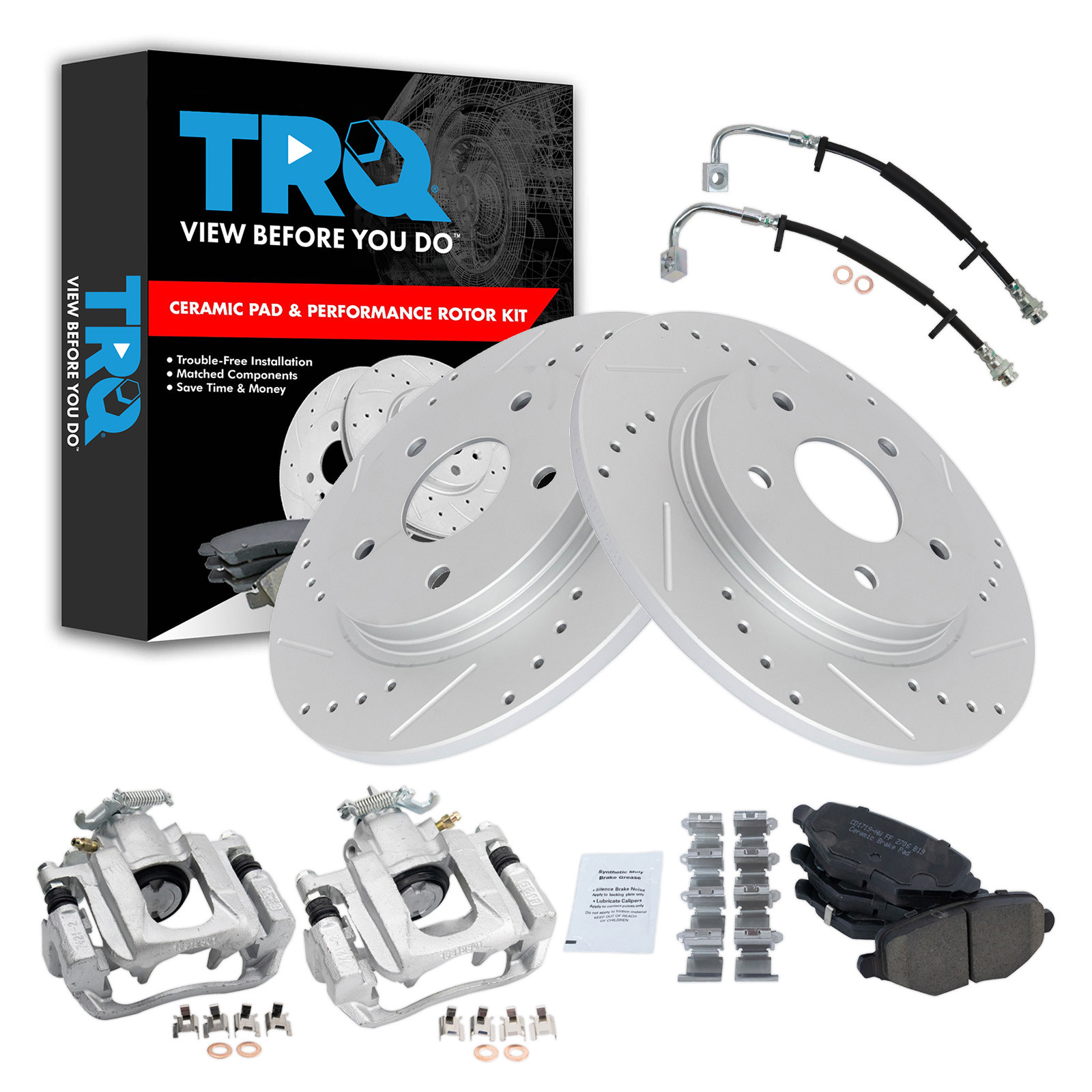 TRQ Rear Brake Pad and Rotor Set Ceramic Slotted Drilled Coated Rotors Calipers Compatible with 2012-2016 Chrysler Town and Country Grand Caravan 2012-2015 Ram Cargo Van 2013-2014 Volkswagen Routan