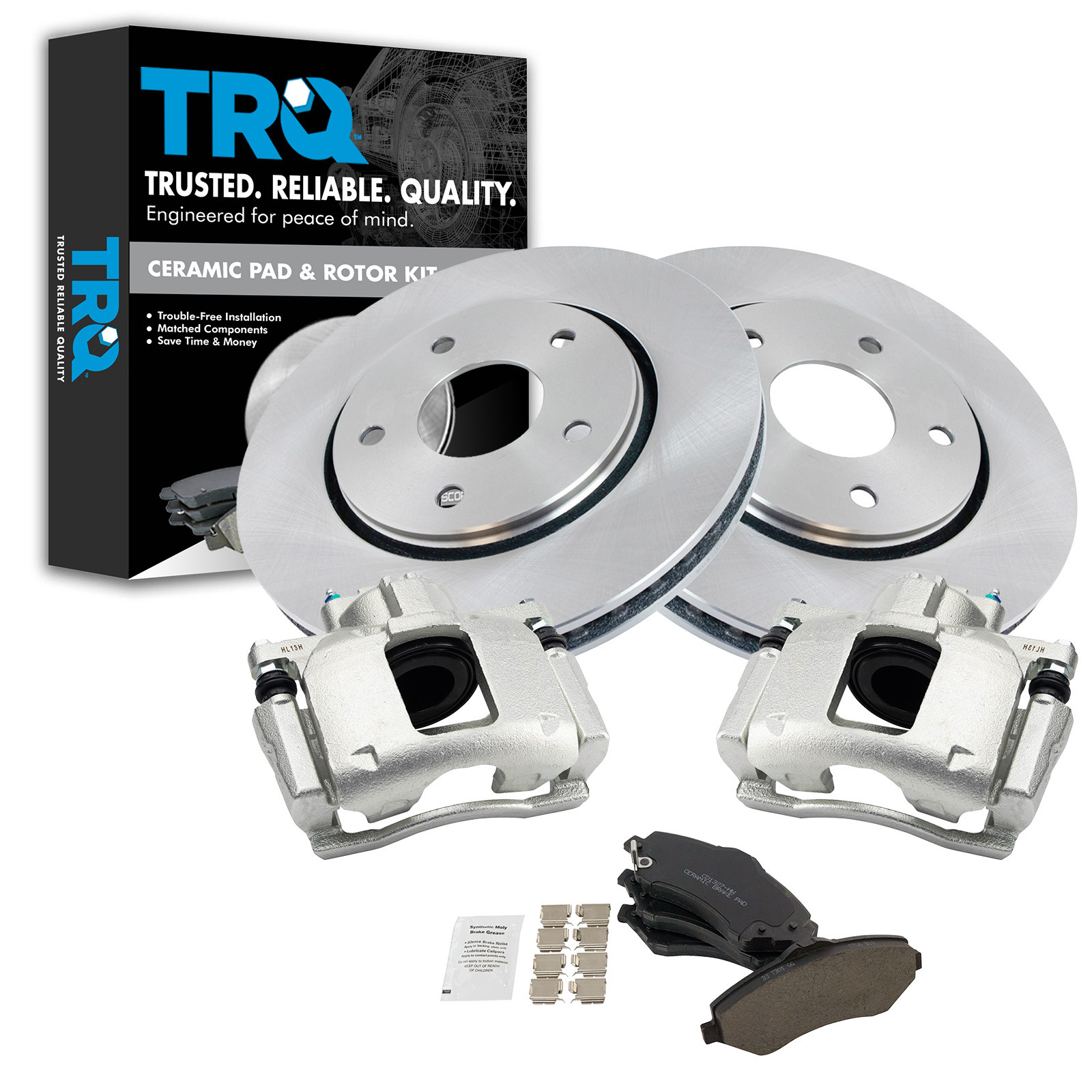 TRQ Front Brake Pad and Rotor Set Ceramic Vented Rotors Calipers Compatible with 2008-2012 Chrysler Town & Country 2008-2012 Grand Caravan 2012 Ram C/V 2009-2012 Volkswagen Routan