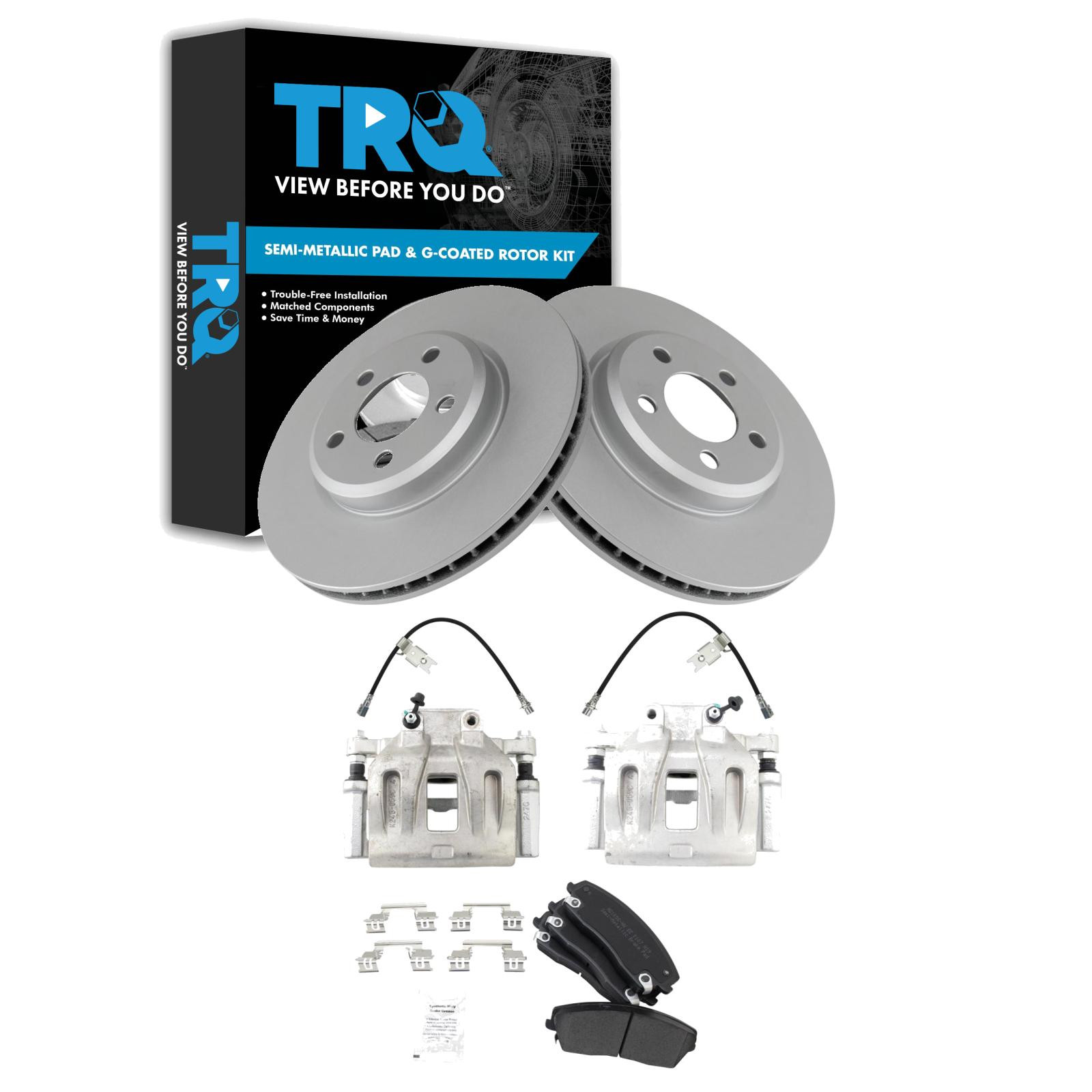 TRQ Front Brake Pad and Rotor Set Semi Metallic Coated Rotors Calipers Compatible with 2011 Dodge Challenger 2006-2010 Charger 2006-2008 Magnum