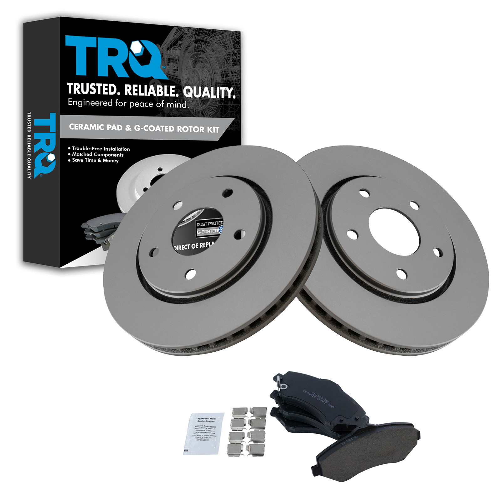 TRQ Front Brake Pad & Rotor Set Ceramic G Coated Vented Rotors Compatible with 2008-2016 Chrysler Town & Country Dodge Grand Caravan 2009-2014 Volkswagen Routan 2009-2013 Journey 2012-2015 Ram C/V