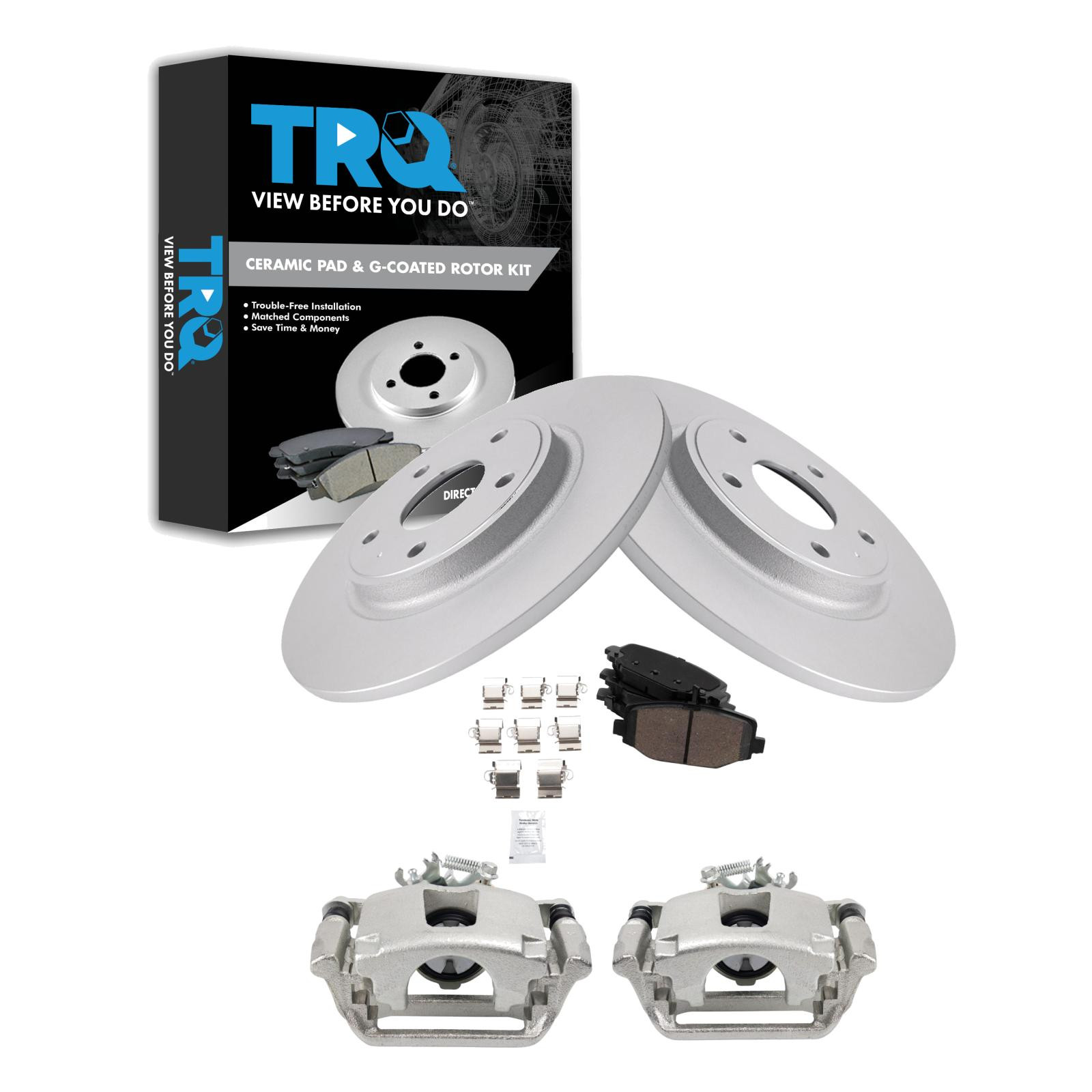 TRQ Rear Brake Pad and Rotor Set Ceramic G Coated Rotors Calipers Compatible with 2012-2016 Chrysler Town & Country 2012-2018 Dodge Grand Caravan 2013-2015 Ram Cargo Van