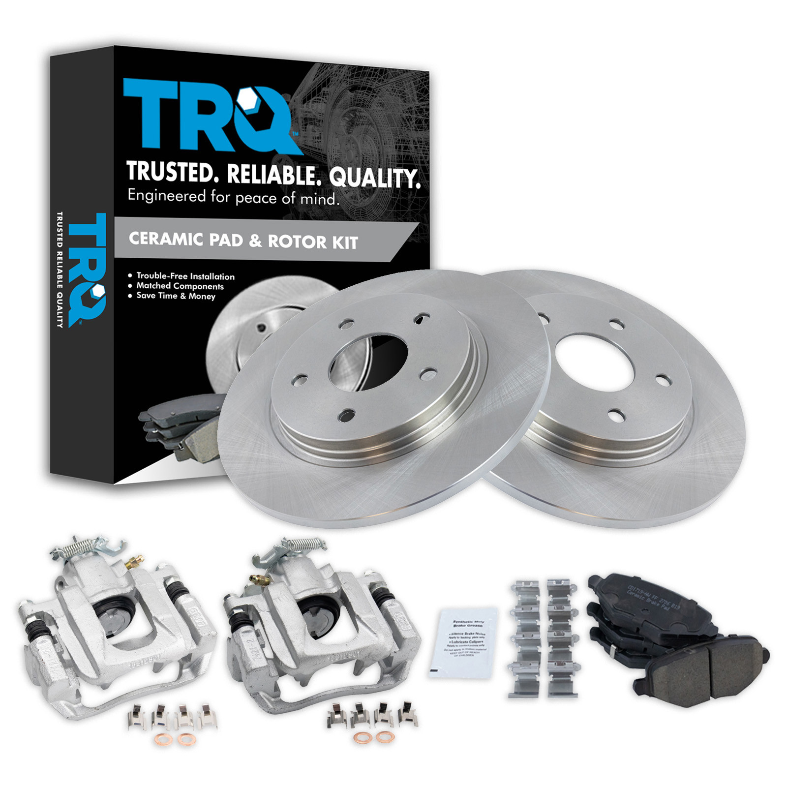 TRQ Rear Brake Pad and Rotor Set Caliper Ceramic Solid Compatible with 2012-2016 Chrysler Town & Country 2012-2016 Dodge Grand Caravan 2012-2015 Ram C/V 2013-2014 Volkswagen Routan