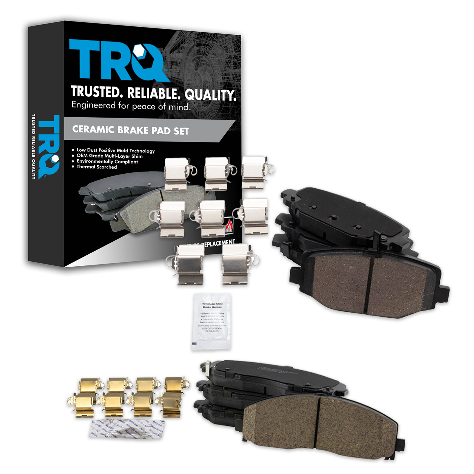 TRQ Front and Rear Brake Pads Ceramic Hardware Compatible with 2012-2016 Chrysler Town and Country 2012-2020 Dodge Grand Caravan 2012-2019 Journey 2012-2015 Ram CV 2012-2014 Volkswagen Routan