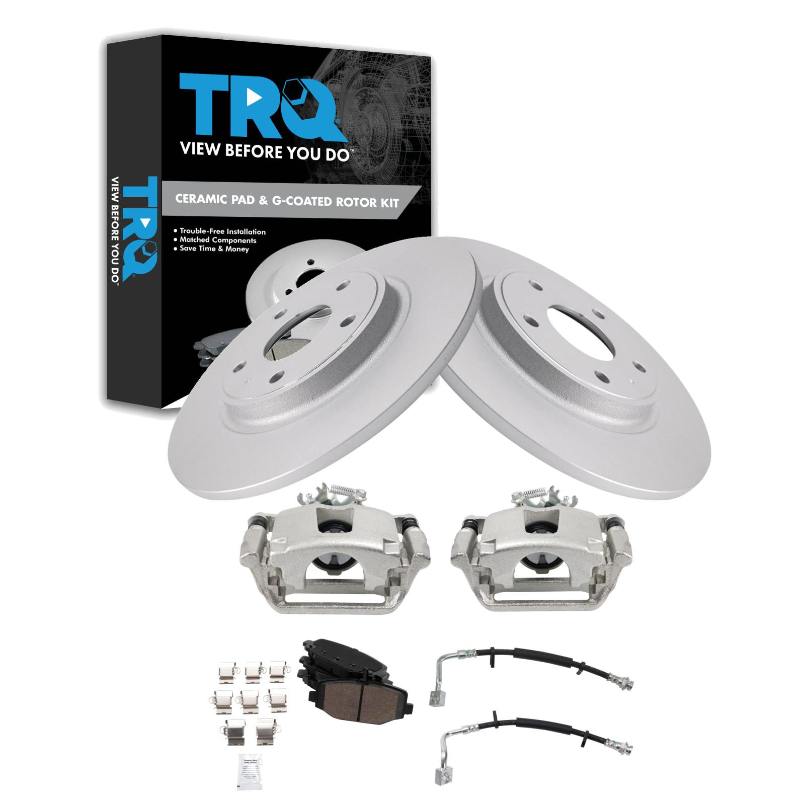 TRQ Rear Brake Pad and Rotor Set Ceramic 328mm G Coated Rotors Calipers Compatible with 2012-2016 Chrysler Town & Country 2012-2018 Dodge Grand Caravan 2013-2015 Ram Cargo Van