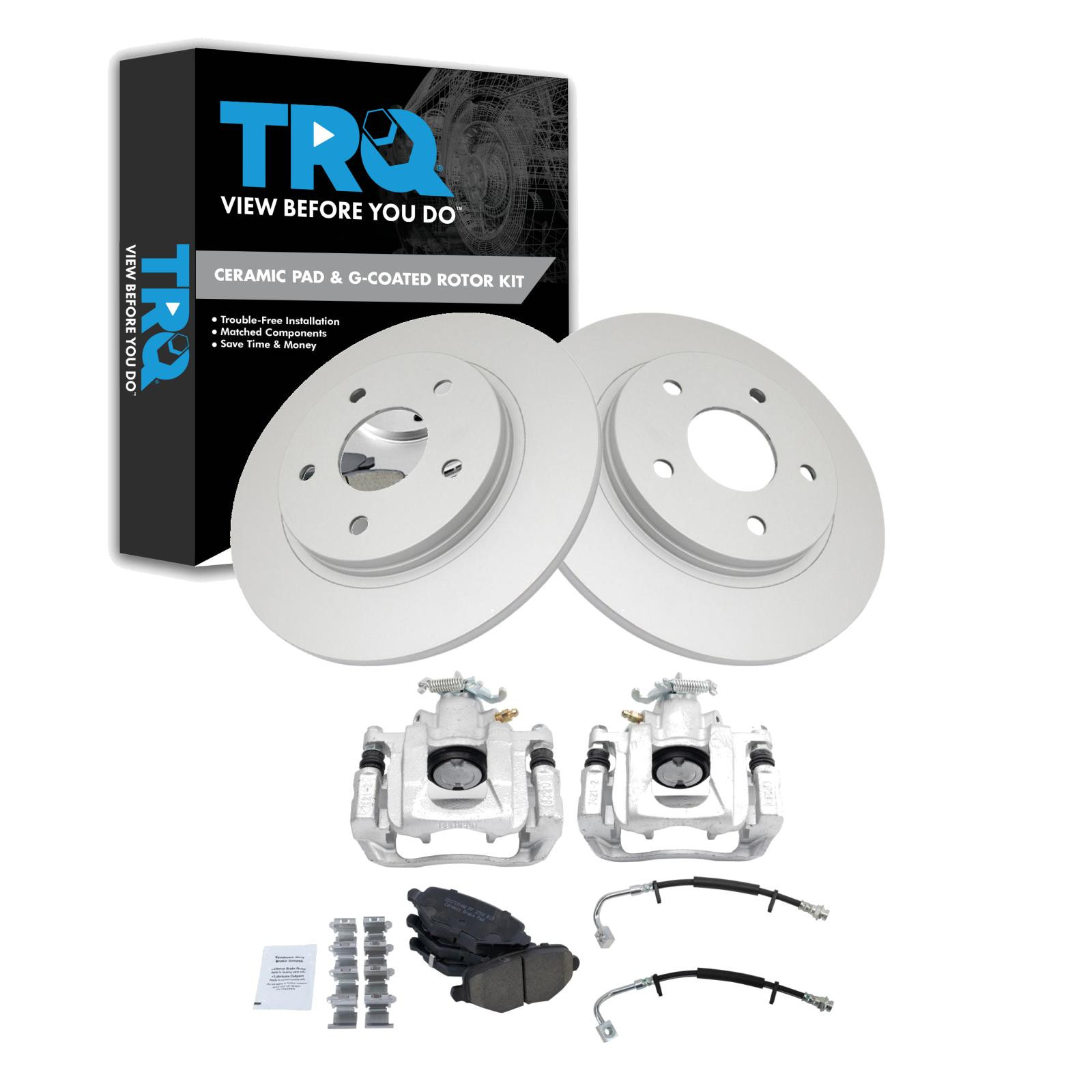 TRQ Rear Brake Pad and Rotor Set Ceramic G Coated Rotors Calipers Compatible with 2012-2016 Chrysler Town and Country Grand Caravan 2012-2015 Ram Cargo Van 2013-2014 Volkswagen Routan