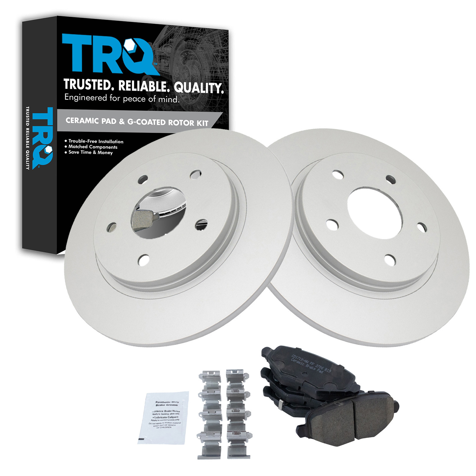 TRQ Rear Brake Pad and Rotor Set Ceramic Solid G-Coated Compatible with 2012-2016 Chrysler Town & Country 2012-2016 Dodge Grand Caravan 2013 Journey 2012-2015 Ram C/V 2013-2014 Volkswagen Routan