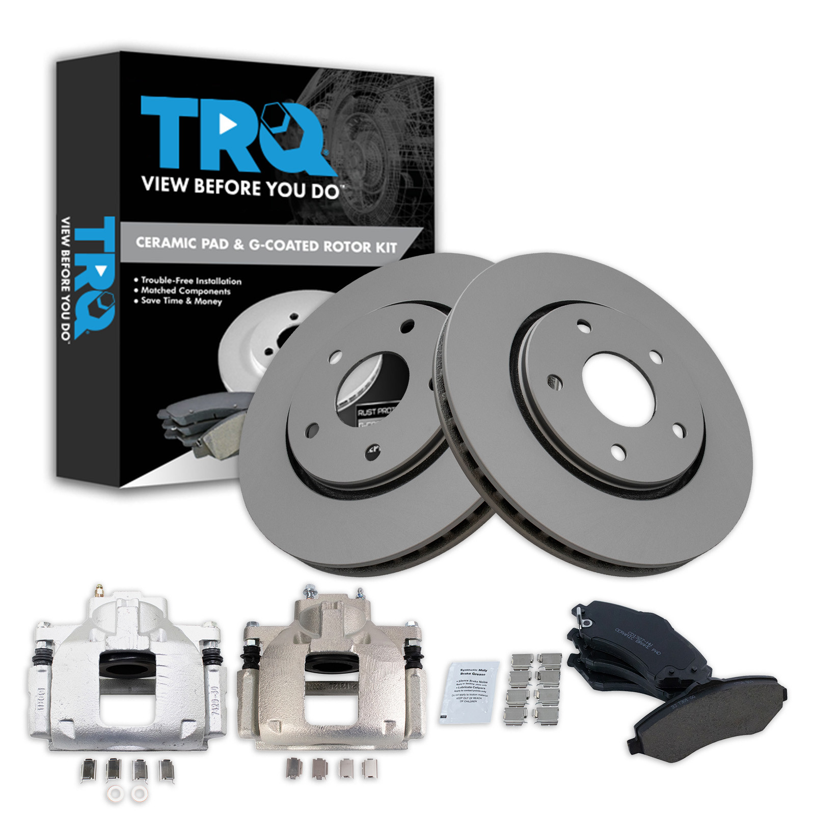 TRQ Front Brake Pad and Rotor Set Ceramic Coated Rotors Calipers Compatible with 2008-2012 Chrysler Town & Country 2008-2012 Dodge Grand Caravan 2009-2012 Volkswagen Routan 2012 Ram C/V