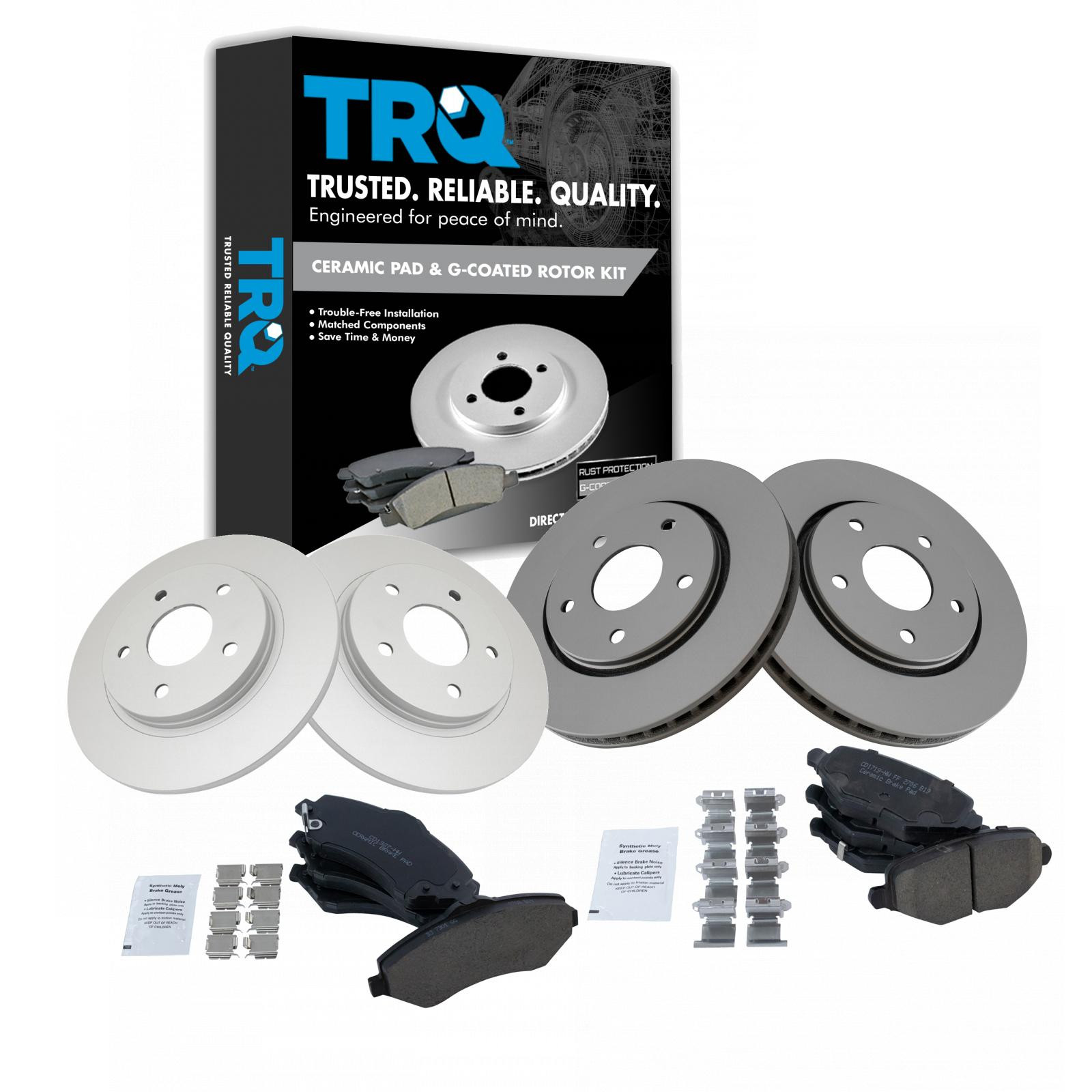 TRQ Front and Rear Brake Pad and Rotor Set Ceramic G Coated Rotors Compatible with 2012-2016 Dodge Grand Caravan Chrysler Town and Country 2013 Journey 2012-2015 Ram C V 2013-2014 Volkswagen Routan