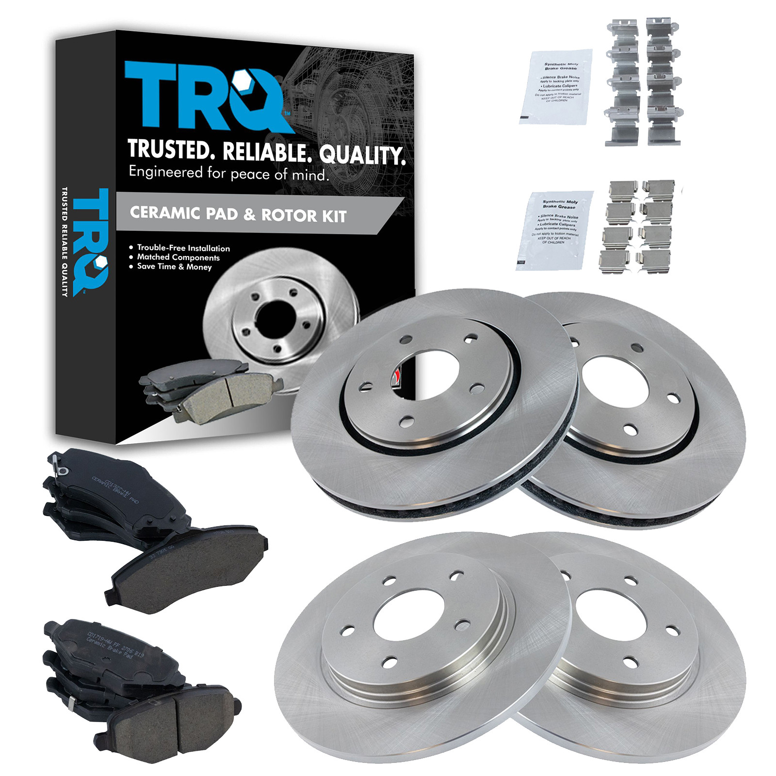 TRQ Front & Rear Brake Pad & Rotor Set Ceramic Rotors Compatible with 2012-2016 Chrysler Town and Country Dodge Grand Caravan 2012-2015 Ram C V 2013 Dodge Journey 2013-2014 Volkswagen Routan