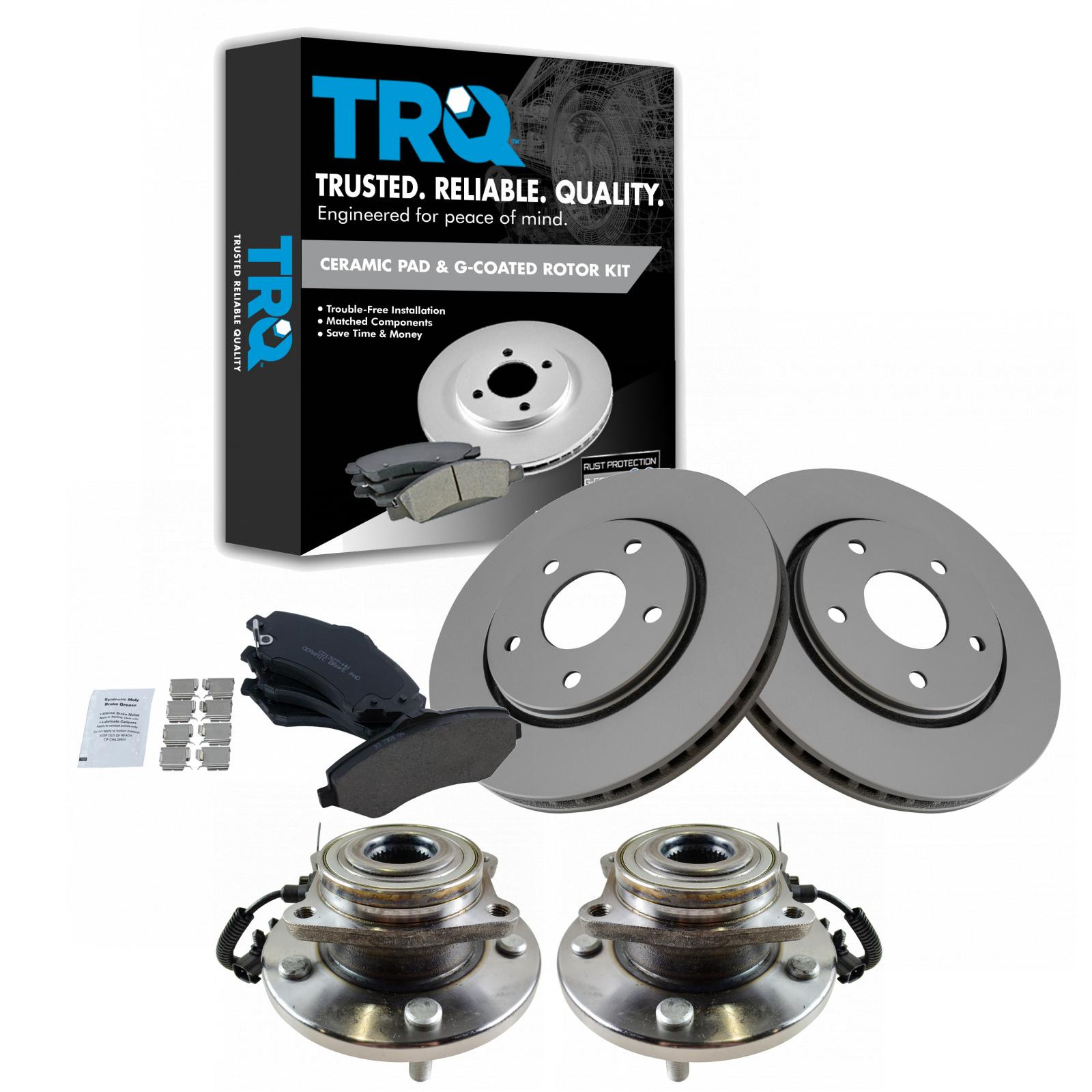 TRQ Front Brake Pad and Rotor Set Ceramic G Coated Vented Hub Bearings Compatible with 2008-2016 Chrysler Town and Country 2008-2016 Dodge Grand Caravan 2009-2012 Volkswagen Routan 2012-2014 Ram CV
