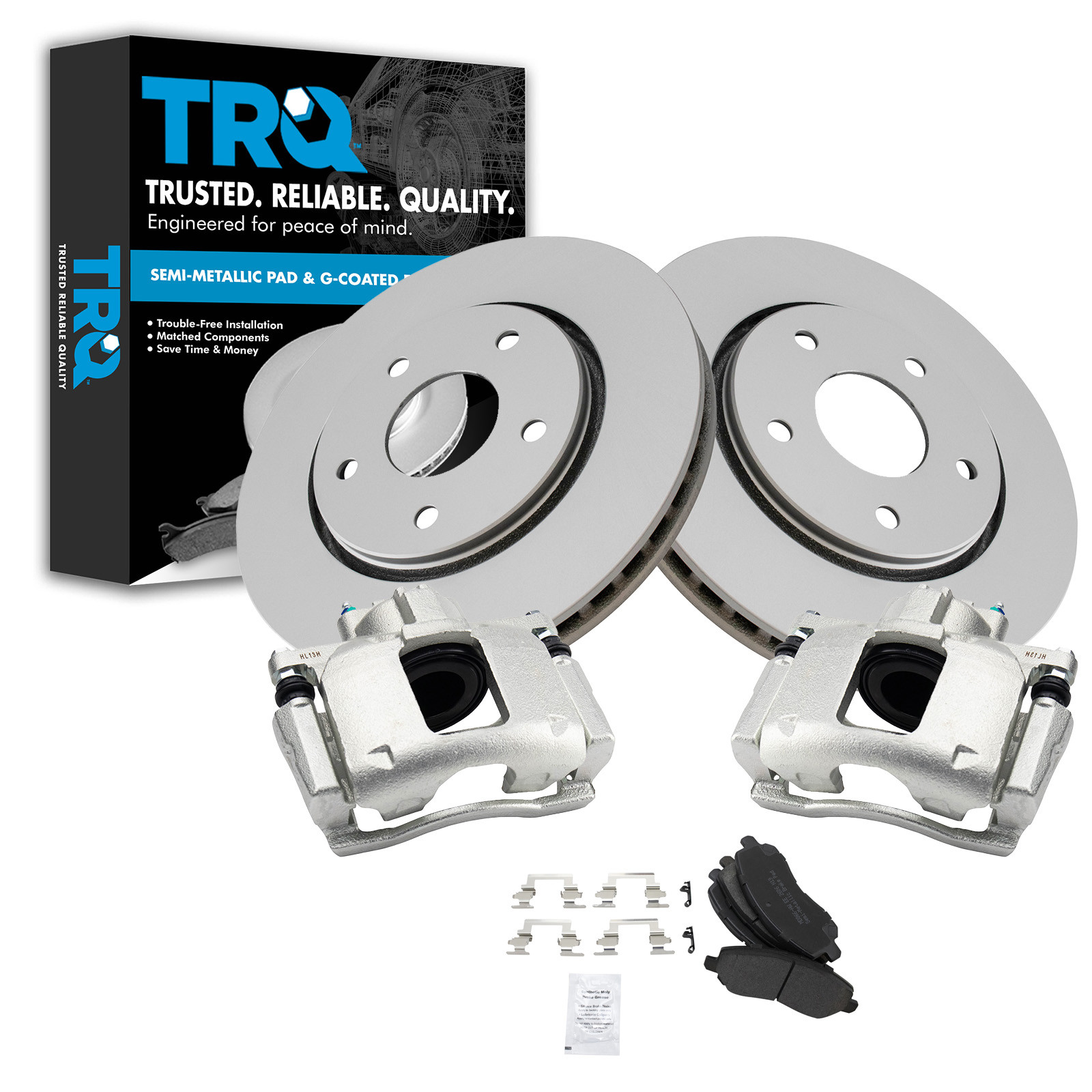 TRQ Front Brake Pad and Rotor Set Semi Metallic Coated Vented Rotors Calipers Compatible with 2008-2012 Chrysler Town & Country Dodge Grand Caravan 2009-2012 Volkswagen Routan 2012 Ram C/V