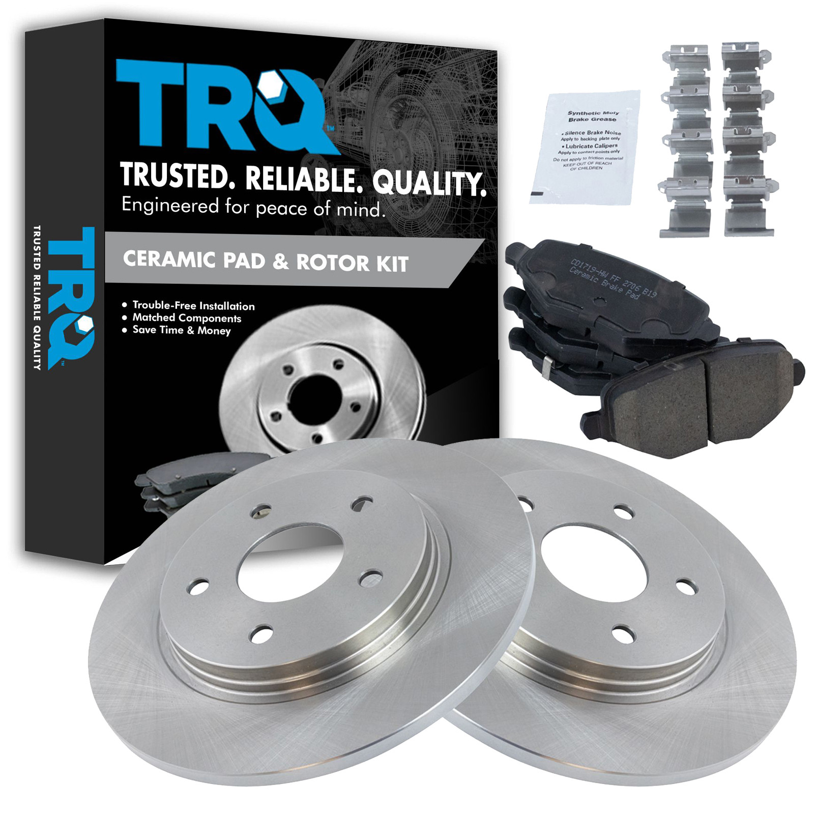 TRQ Rear Ceramic Brake Pad and Rotor Set Compatible with 13-16 Dodge Grand Caravan with 305mm Diameter Rear Rotors with Single Piston Front Calipers