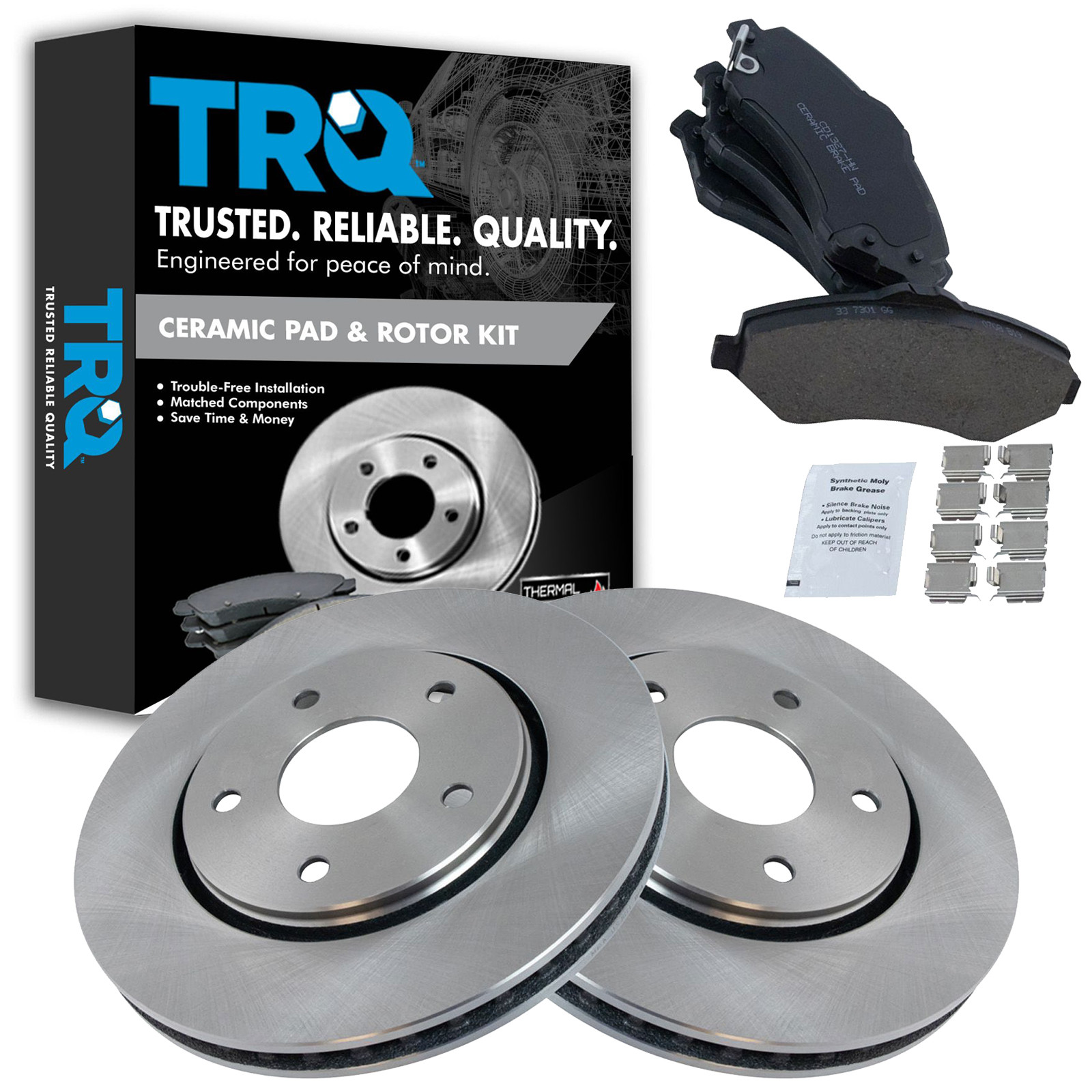 TRQ Front Brake Pad and Rotor Set Ceramic Vented Rotors Compatible with 2008-2016 Chrysler Town and Country 2008-2016 Grand Caravan 2009-2013 Journey 2012-2015 Ram C V 2009-2014 Volkswagen Routan