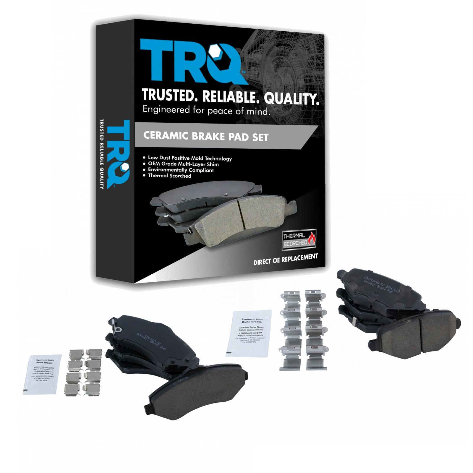 TRQ Front and Rear Brake Pad Set Ceramic Hardware Compatible with 2012-2016 Chrysler Town and Country 2012-2016 Grand Caravan 2013 Journey 2012-2015 Ram CV 2013-2014 Volkswagen Routan