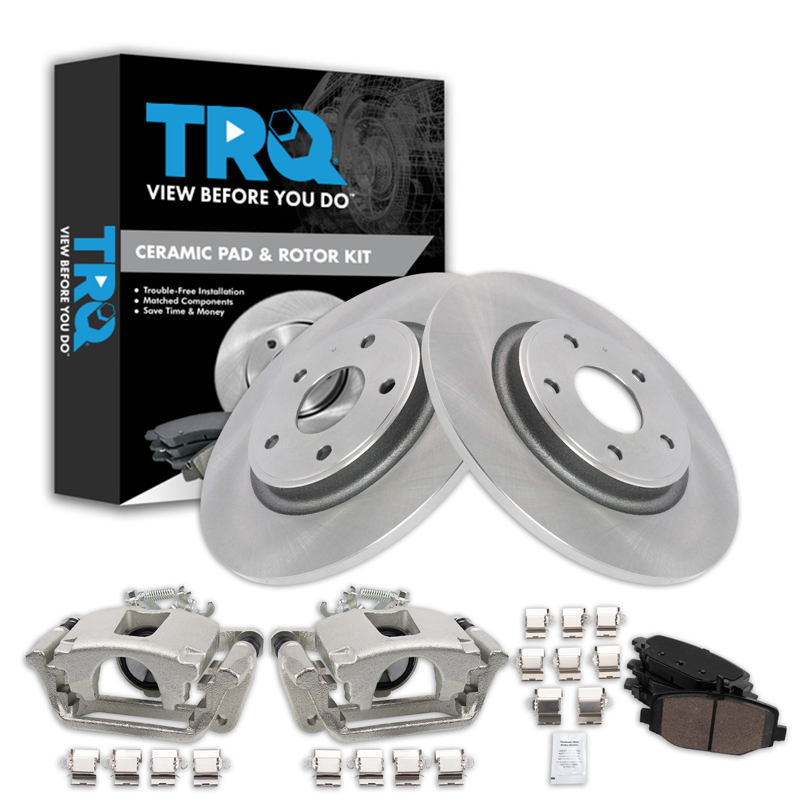 TRQ Rear Brake Pad and Rotor Set Ceramic Rotors Calipers Compatible with 2012-2016 Chrysler Town and Country 2012-2018 Dodge Grand Caravan 2013-2015 Ram Cargo Van