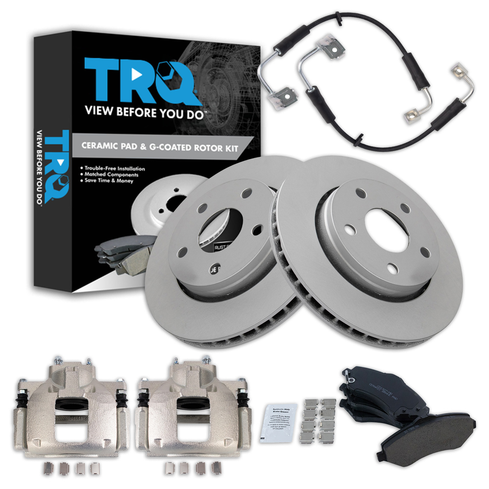 TRQ Front Brake Pad and Rotor Set Ceramic G Coated Rotors Calipers Hoses Compatible with 2007 Jeep Wrangler
