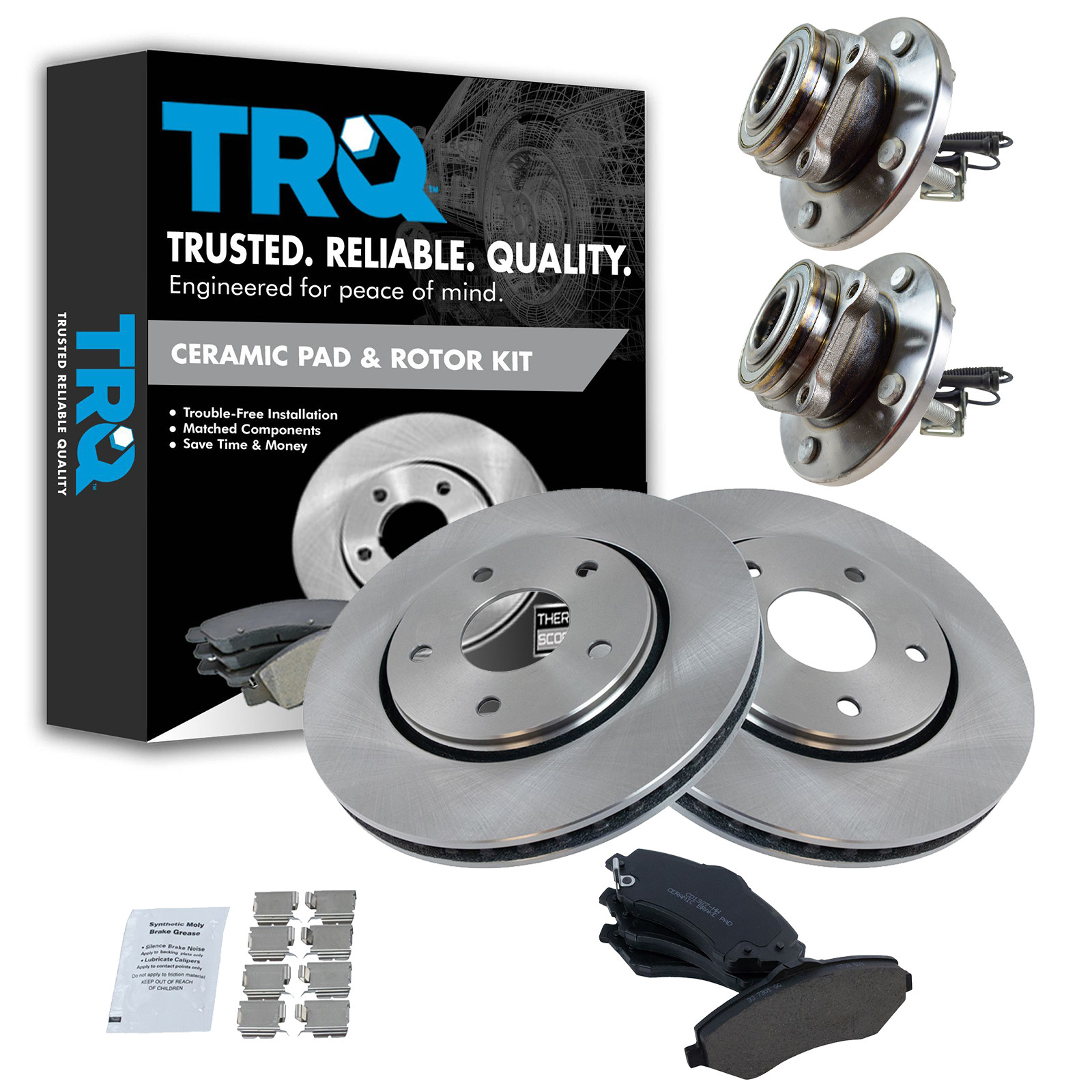 TRQ Front Brake Pad and Rotor Set Ceramic Wheel Hub Bearings Compatible with 2008-2016 Chrysler Town and Country Dodge Grand Caravan 2009-2012 Volkswagen Routan 2012-2014 Ram Cargo Van