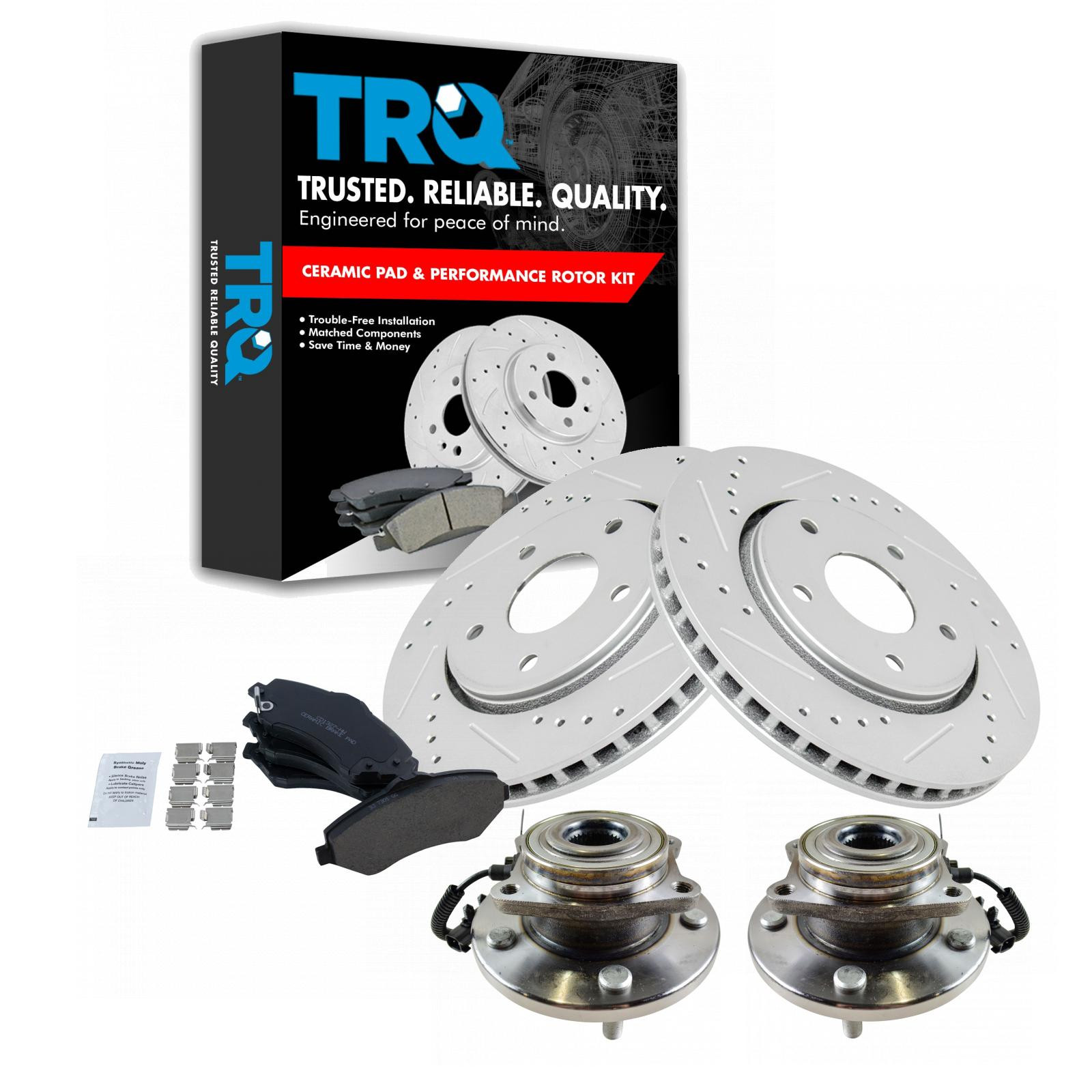 TRQ Front Performance Drilled Slotted Brake Rotor Ceramic Pad & Wheel Bearing Kit