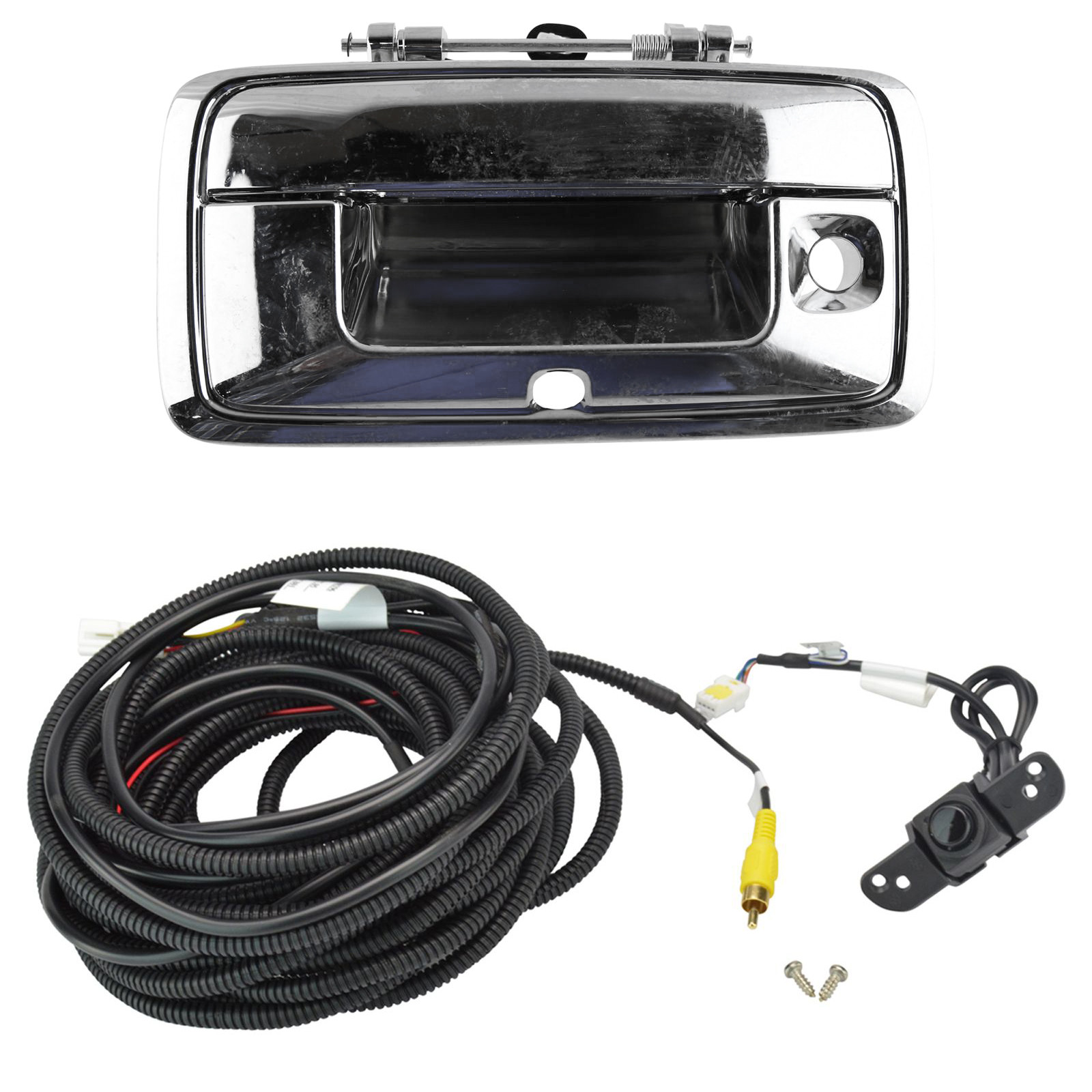 TRQ Rear View Camera Add On Kit w/ Wiring Harness & Tailgate Handle Compatible with GM Pickup