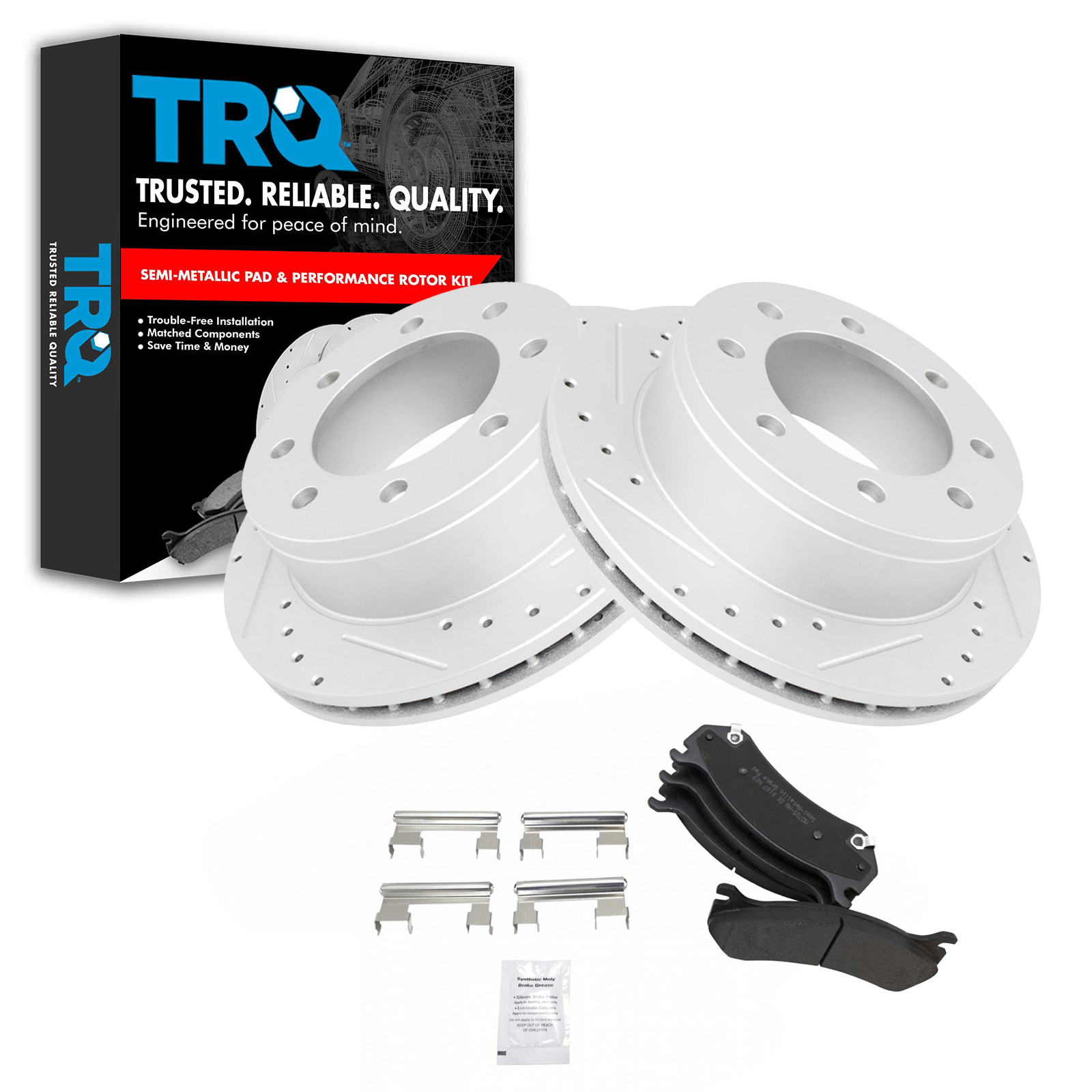 19210705 TRQ Rear Brake Pad and Rotor Set Semi Metallic Coated Drilled Rotors ...