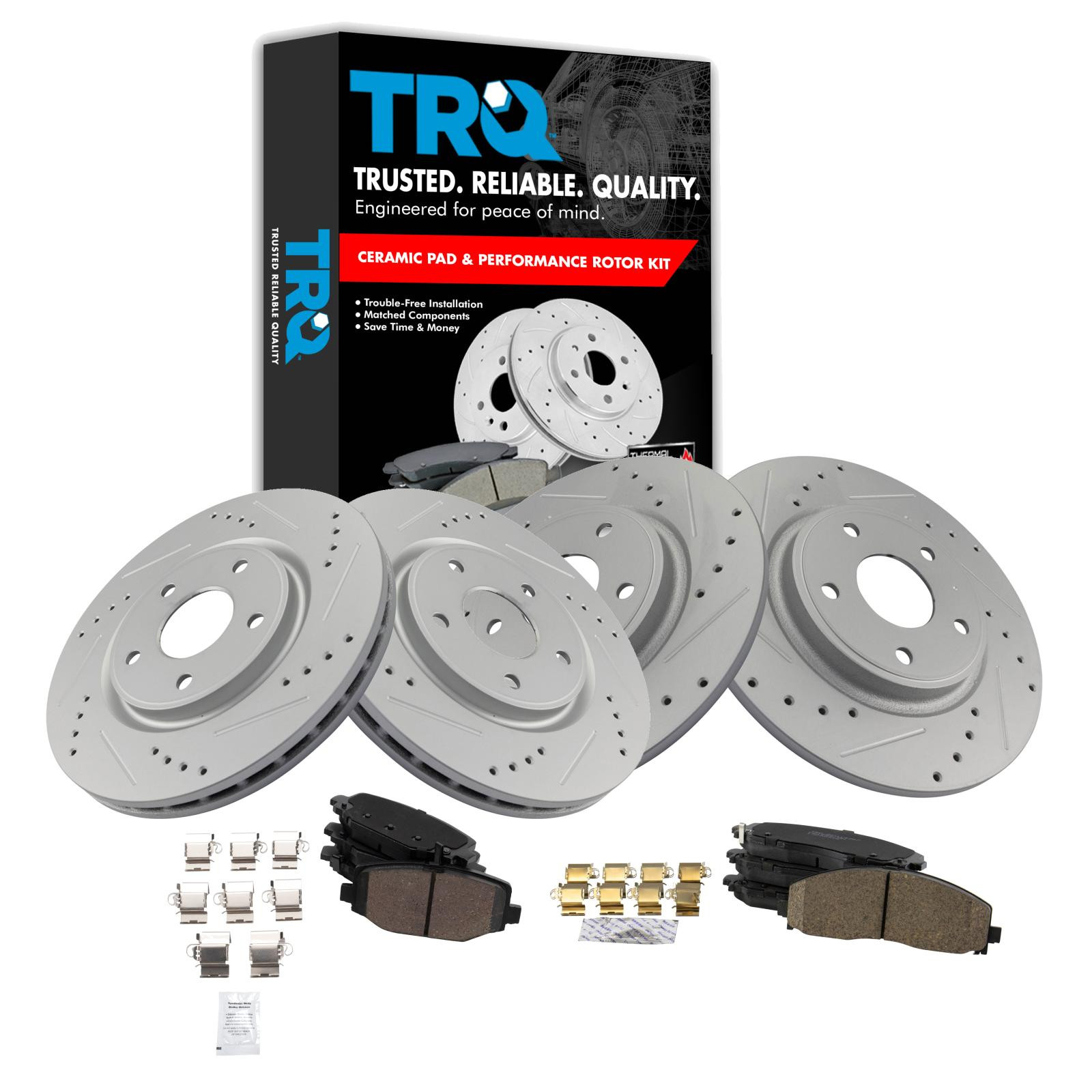 TRQ Front & Rear Performance Drilled & Slotted Brake Rotor & Posi Ceramic Pad Set