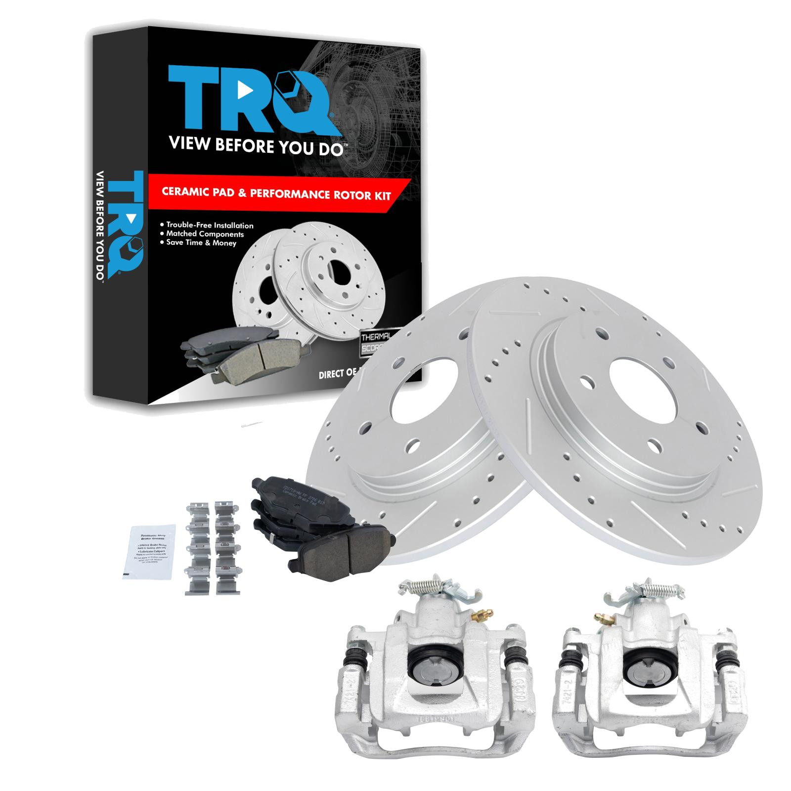 TRQ Rear Brake Pad and Rotor Set Ceramic Drilled Slotted Solid Rotors Calipers Compatible with 2012-2016 Chrysler Town & Country Grand Caravan 2012-2015 Ram Cargo Van 2013-2014 Volkswagen Routan