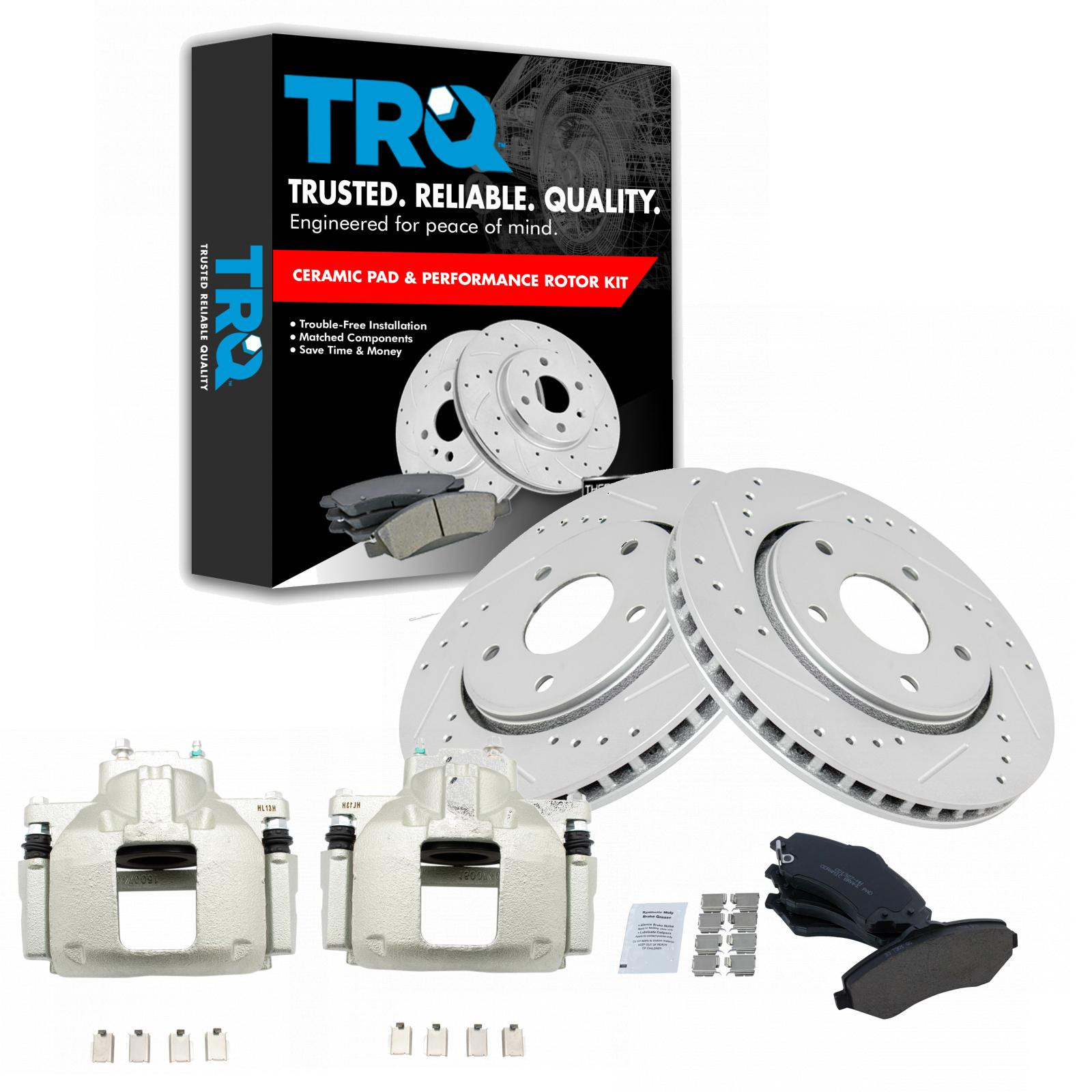 TRQ Front Brake Pad and Rotor Set Ceramic Coated Drilled Slotted Rotors Calipers Compatible with 2008-2012 Chrysler Town & Country Dodge Grand Caravan 2012 Ram Cargo Van 2009-2012 Volkswagen Routan