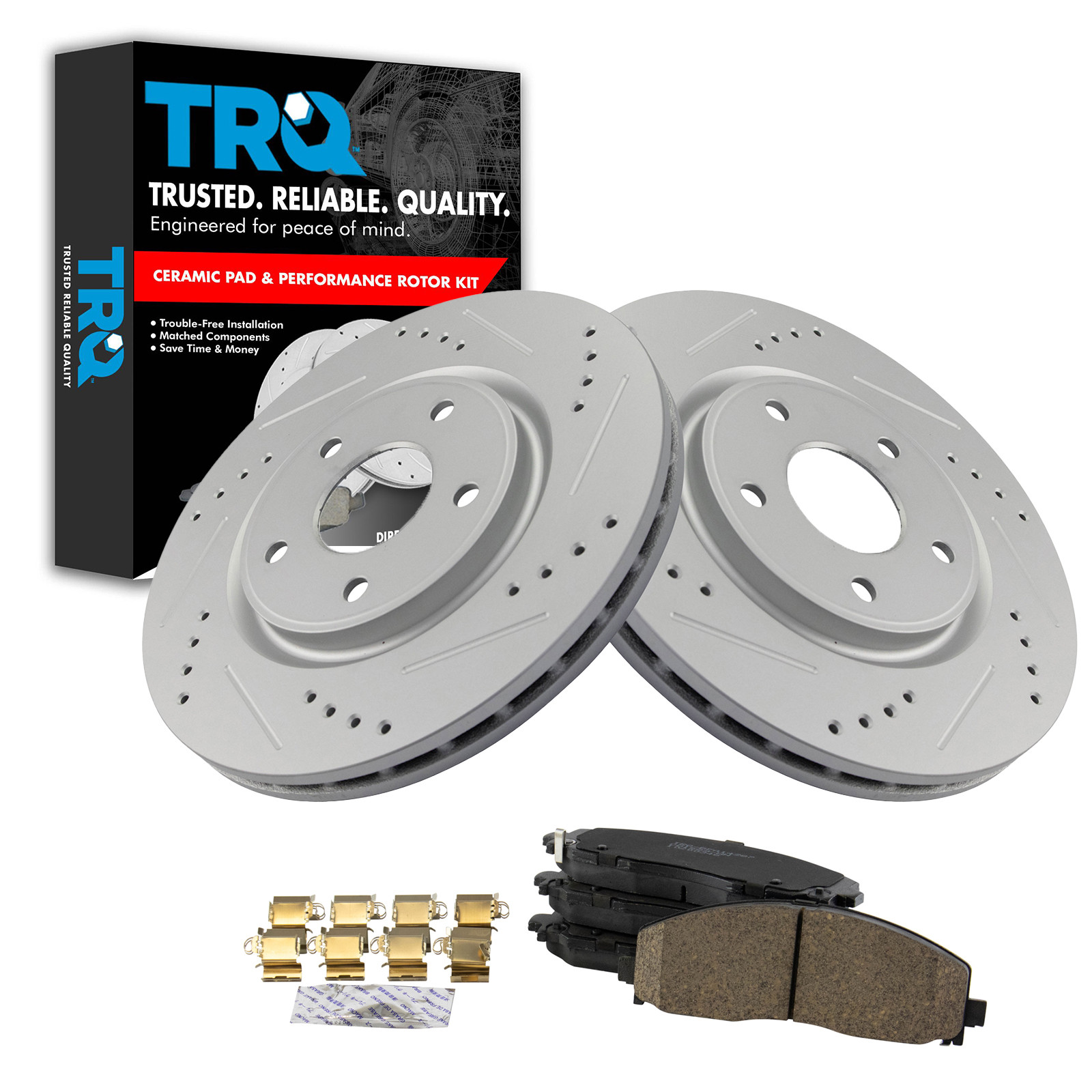 TRQ Front Brake Pad and Rotor Set Ceramic Coated Drilled Compatible with 2012-2016 Chrysler Town & Country 2012-2020 Dodge Grand Caravan Journey 2012-2013 Volkswagen Routan 2017-2022 Pacifica Voyager