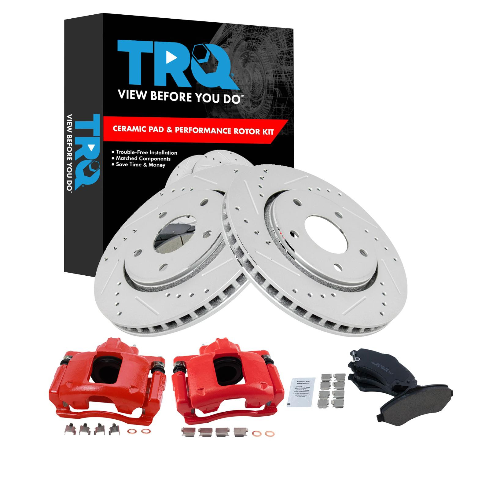 TRQ Front Brake Pad & Rotor Set Ceramic Coated Drilled Slotted Rotors Calipers Compatible with 2008-2012 Chrysler Town & Country Dodge Grand Caravan 2012 Ram Cargo Van 2009-2012 Volkswagen Routan