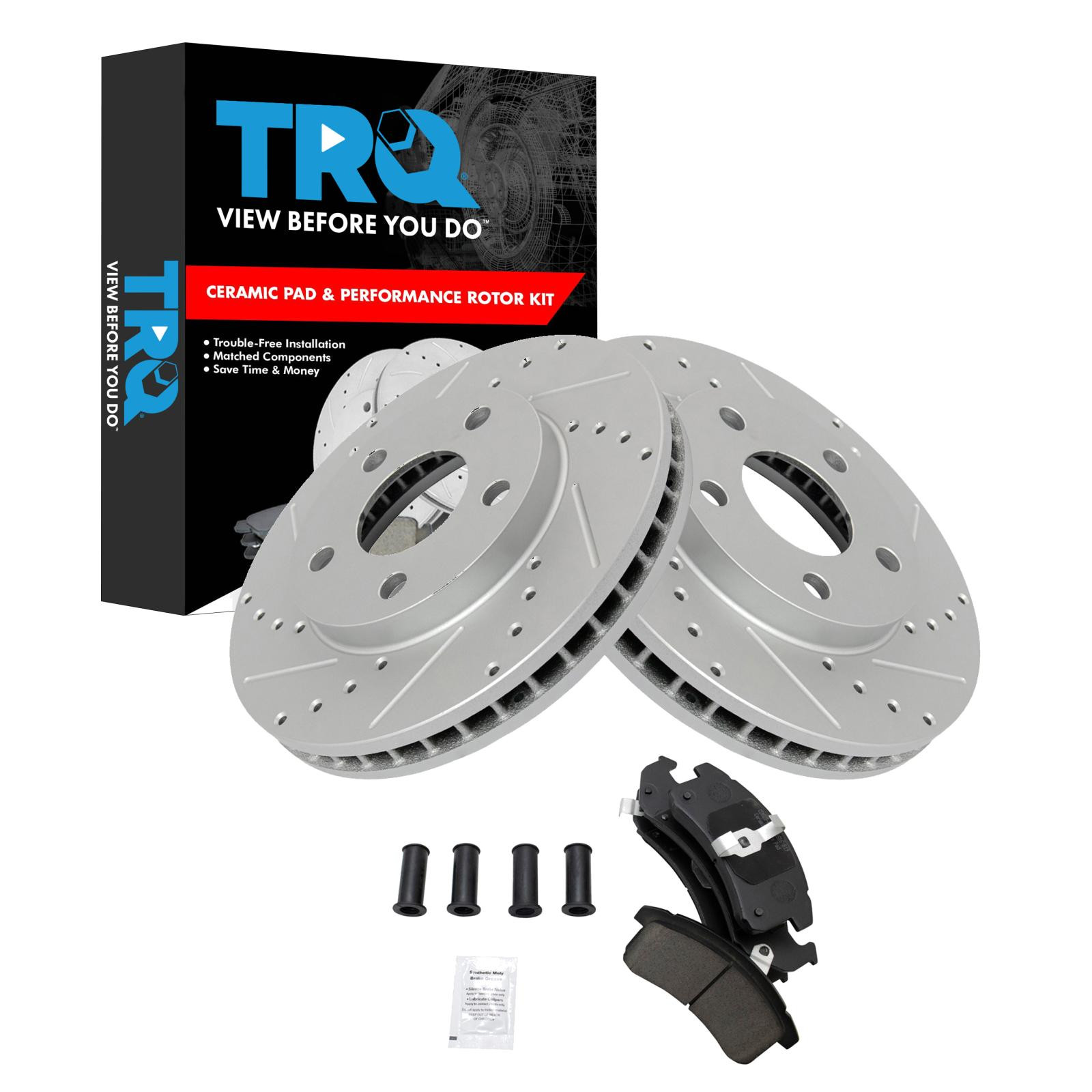 TRQ Front Brake Pad and Rotor Set Ceramic Drilled Slotted Coated Vented Rotors Compatible with 1994-1997 Chevrolet Camaro Buick LeSabre Pontiac Firebird Pontiac Bonneville