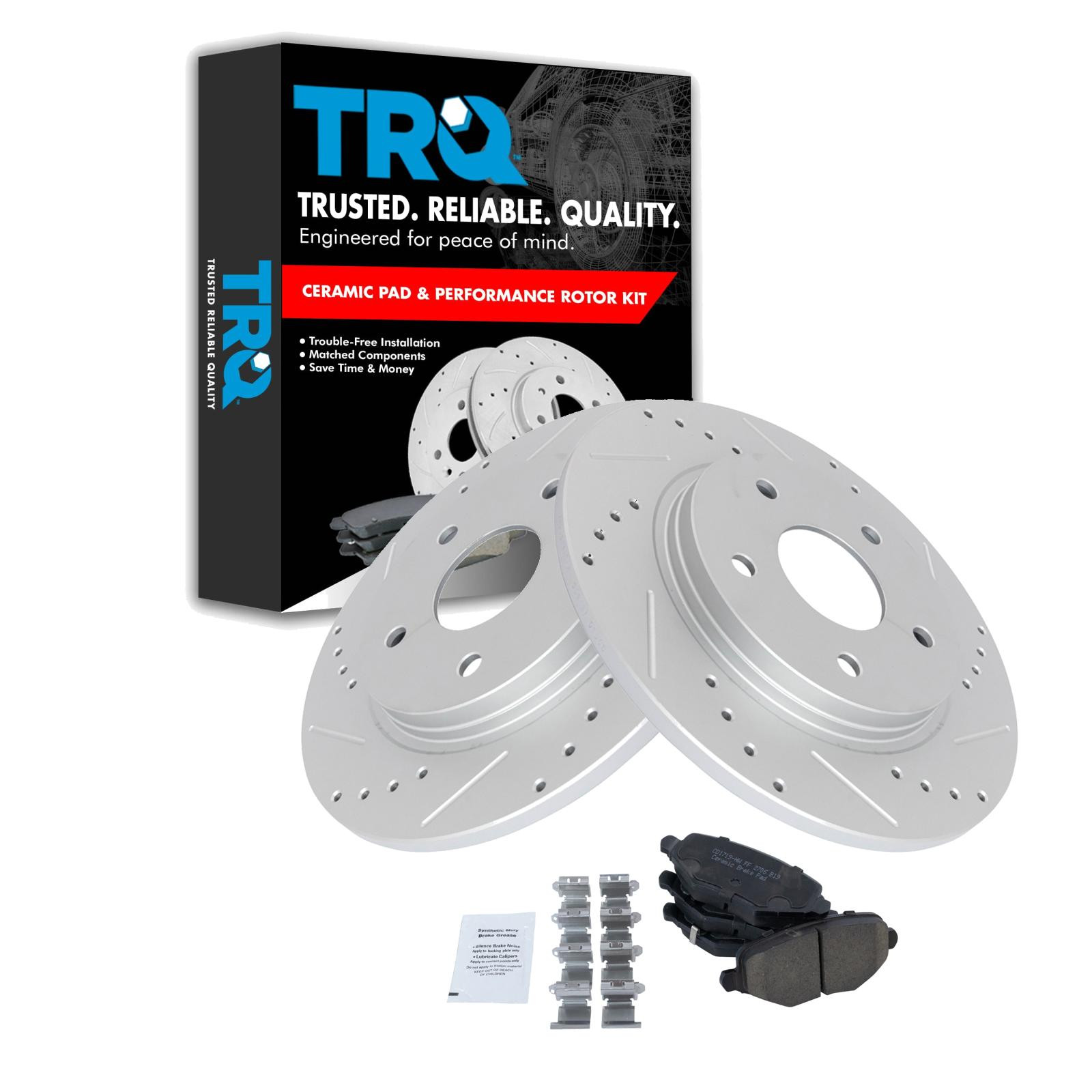 TRQ Rear Brake Pad & Rotor Ceramic Drilled Coated Vented Rotors Compatible with 2012-2016 Chrysler Town & Country Dodge Grand Caravan 2012-2015 Ram Cargo Van 2013-2014 Volkswagen Routan 2013 Journey