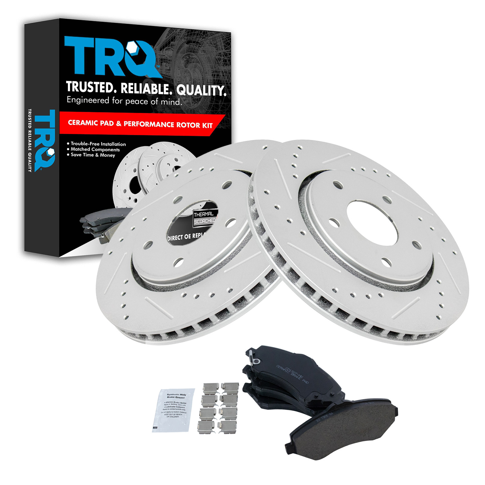 TRQ Front Brake Pad and Rotor Set Ceramic Drilled Slotted Coated Vented Rotors Compatible with 2008-2016 Chrysler Town & Country Dodge Grand Caravan 2009-2013 Journey 2009-2014 Volkswagen Routan